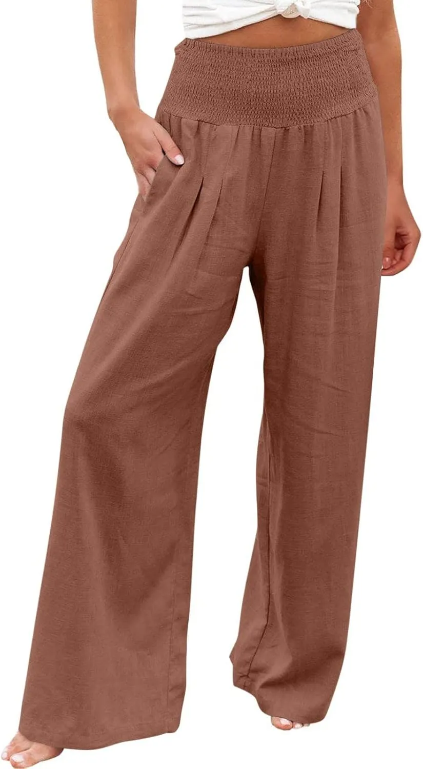 Womens Summer Casual Wide Leg Palazzo Pants Smocked High Waist Loose Lounge Comfy Trousers