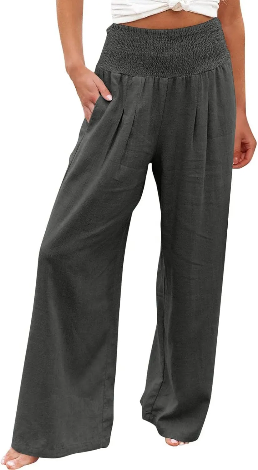 Womens Summer Casual Wide Leg Palazzo Pants Smocked High Waist Loose Lounge Comfy Trousers