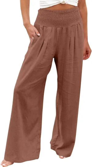 Womens Summer Casual Wide Leg Palazzo Pants Smocked High Waist Loose Lounge Comfy Trousers