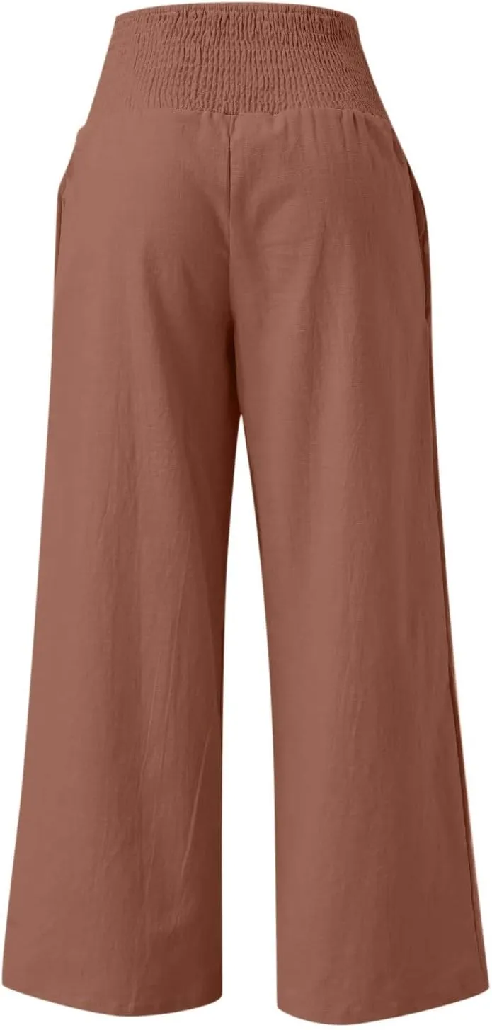 Womens Summer Casual Wide Leg Palazzo Pants Smocked High Waist Loose Lounge Comfy Trousers