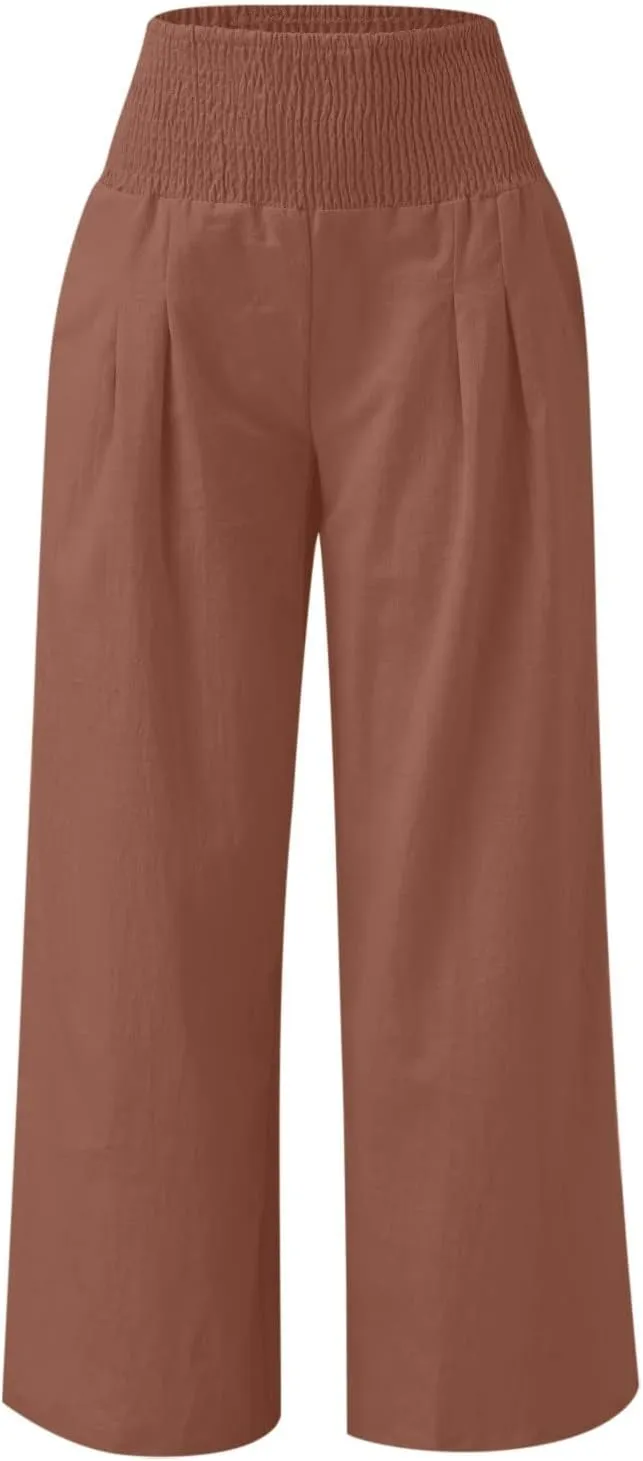 Womens Summer Casual Wide Leg Palazzo Pants Smocked High Waist Loose Lounge Comfy Trousers