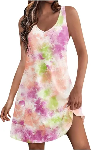 Womens Summer Dresses Beach Boho Floral Casual Loose Mini Dress Sleeveless Vacation Trendy Swimsuit Coverup Sundress