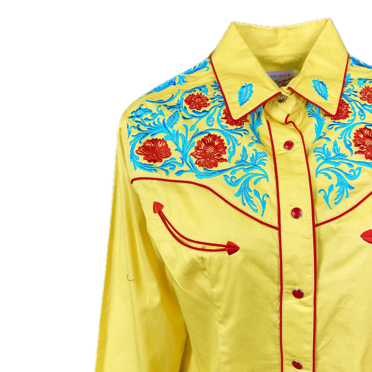 Women's Vintage Western Shirt Collection: Rockmount Fancy Floral Blue Red Embroidery Yellow