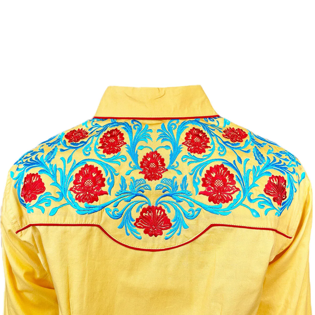 Women's Vintage Western Shirt Collection: Rockmount Fancy Floral Blue Red Embroidery Yellow