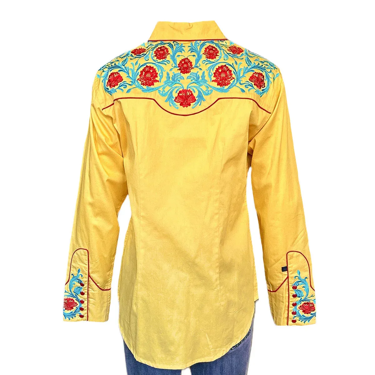 Women's Vintage Western Shirt Collection: Rockmount Fancy Floral Blue Red Embroidery Yellow